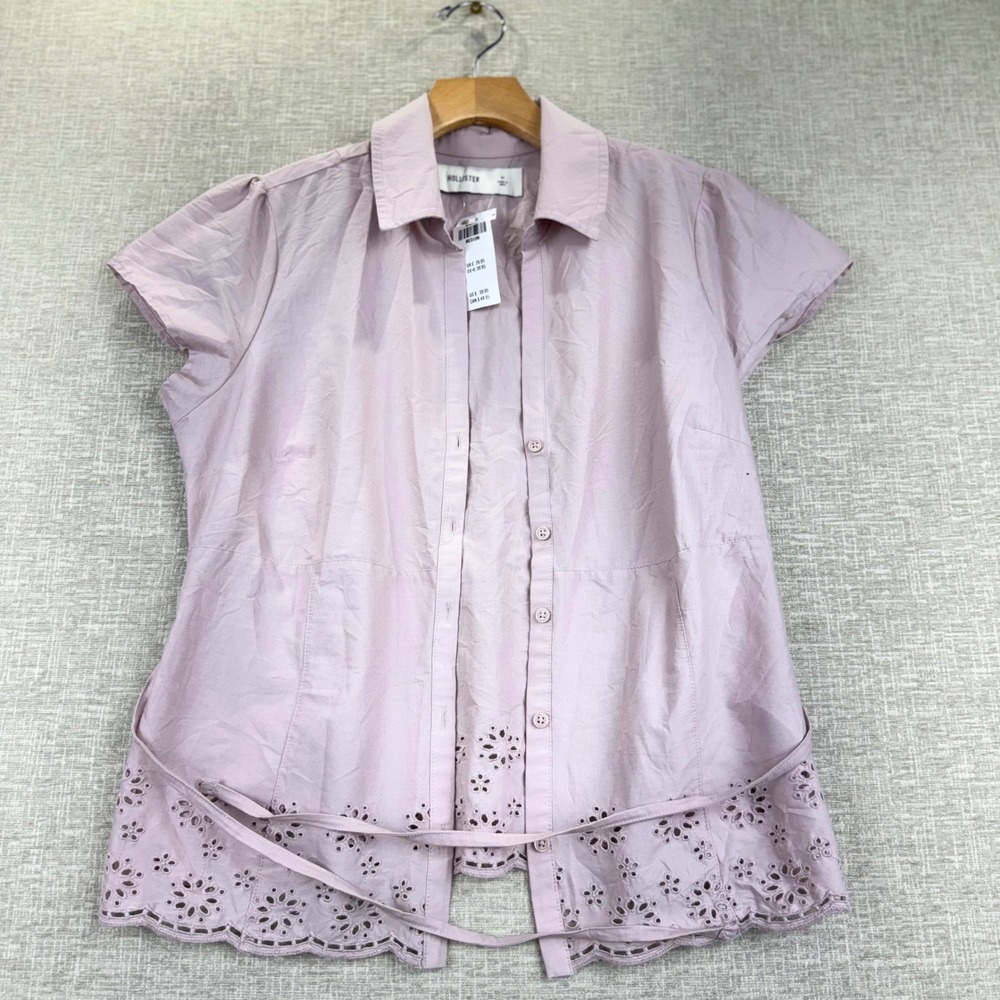 Hollister Womens Medium  Lilac Purple Eyelet Lace Hem Button Down Tie Waist